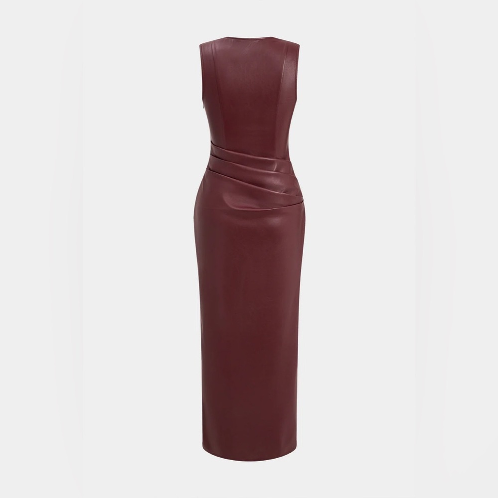 Micas Faux Leather V-neck Ruched Maxi Dress - Picture 6 of 14